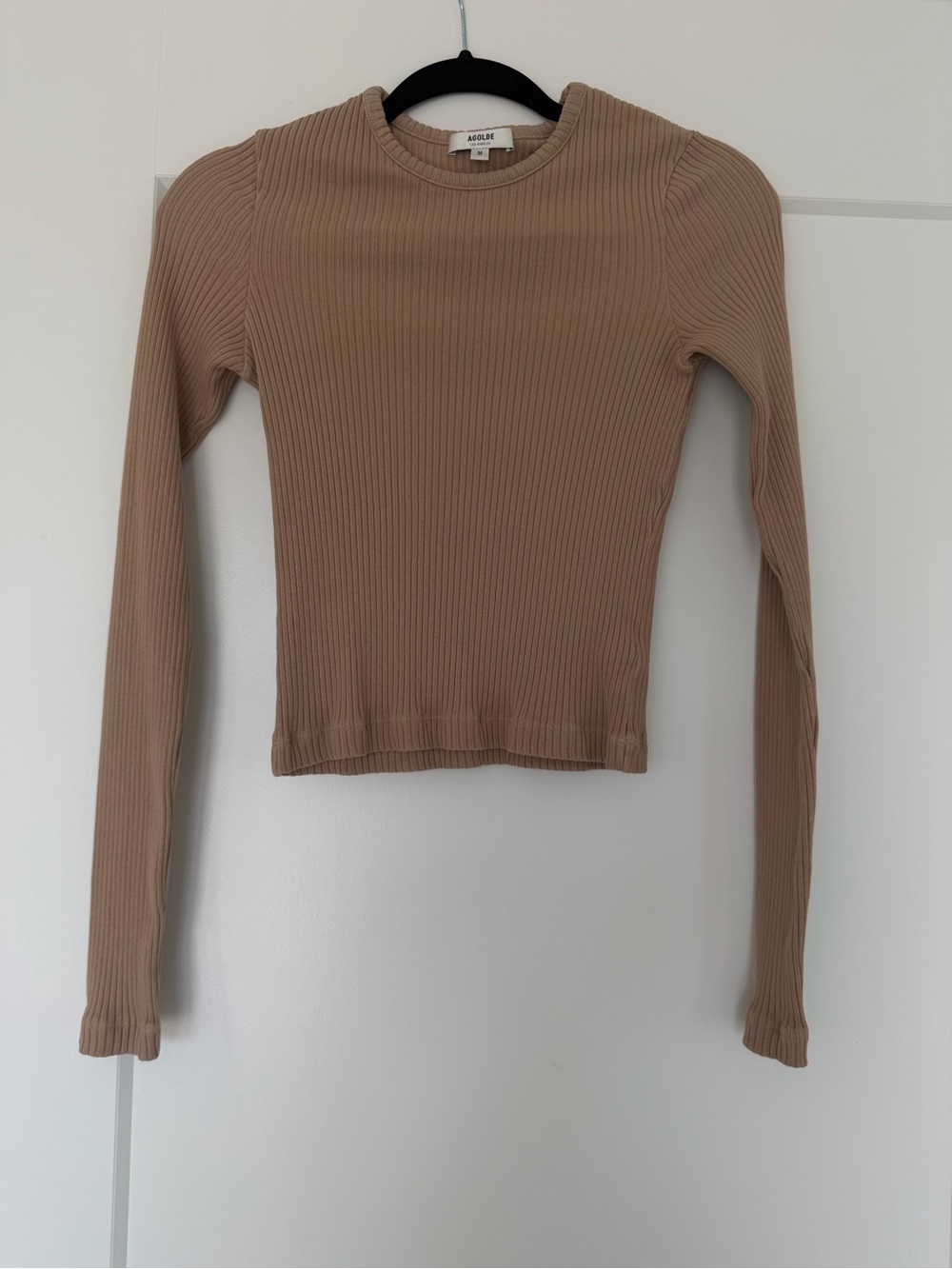 Agolde Ribbed Long-Sleeve Crewneck Top in Beige